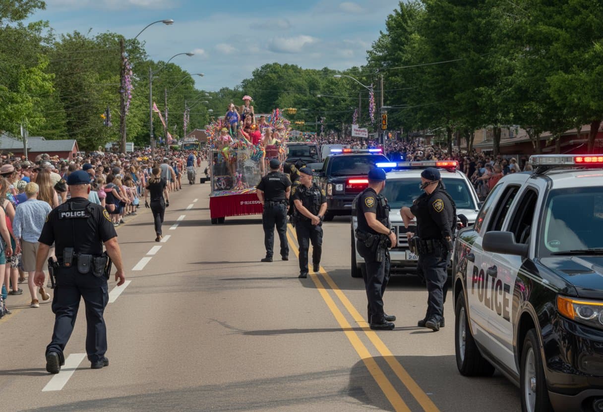 Police officers standing along a parade route with floats and spectators in Minocqua during a community event.