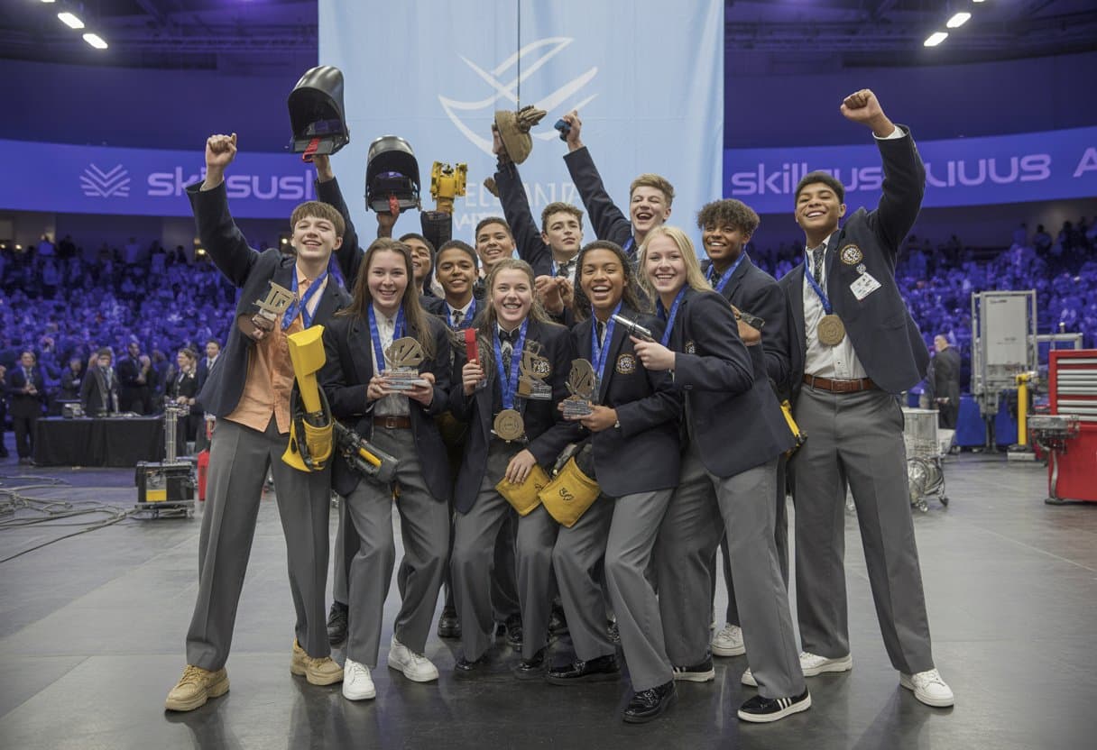 High school students celebrating on stage after winning a national trades competition, holding trophies and wearing safety gear.