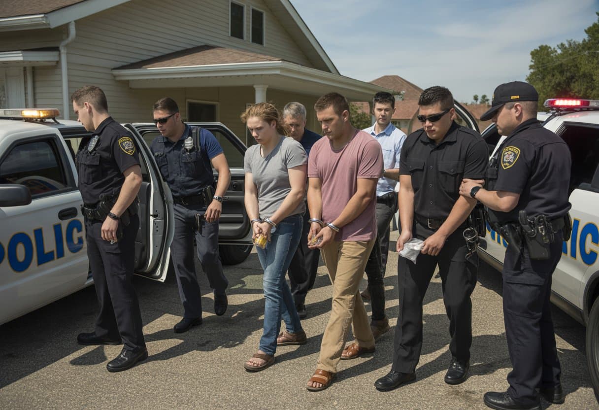 Nine people being arrested by police officers outside a building during a drug bust.