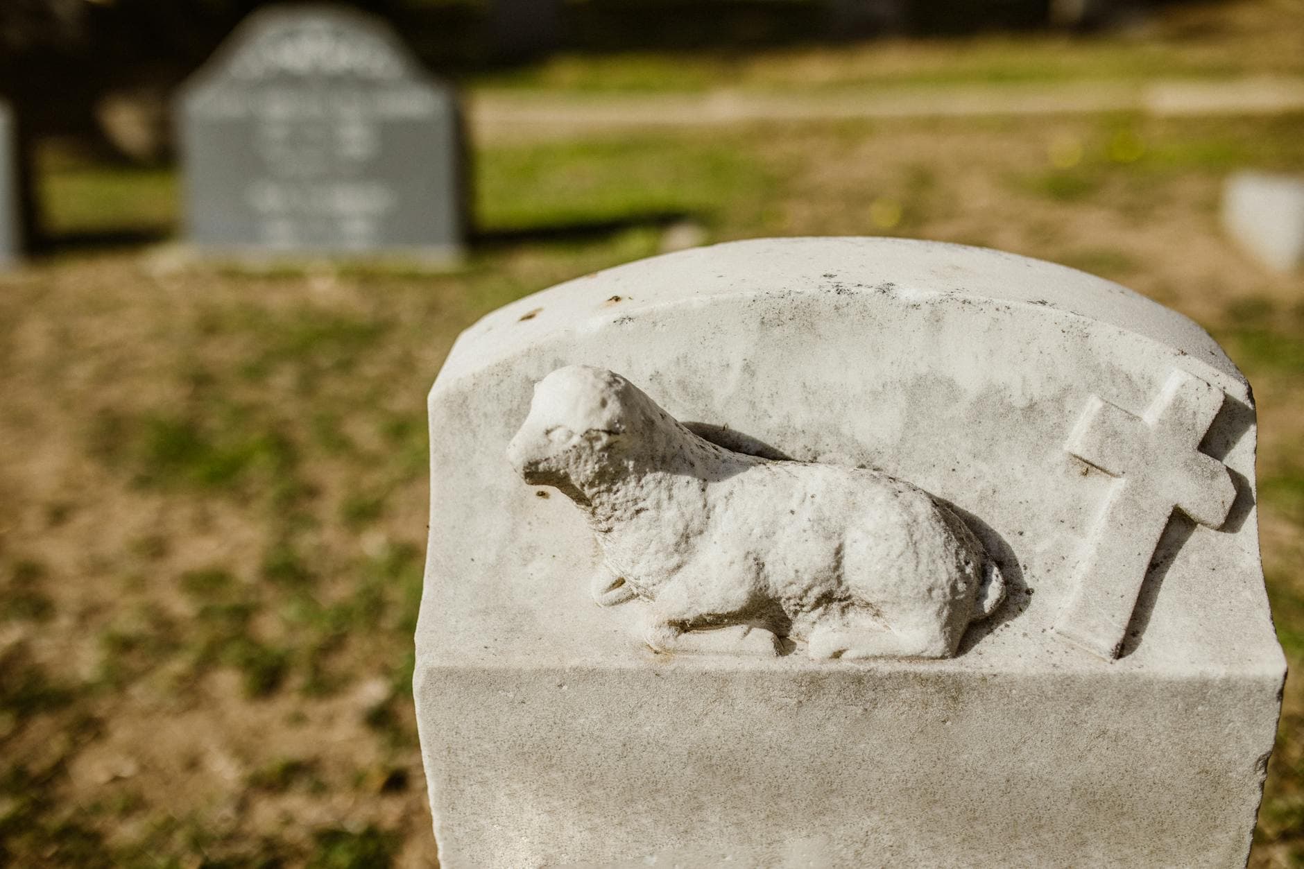 Detailed view of a lamb sculpture and cross on a tombstone in a serene cemetery setting.