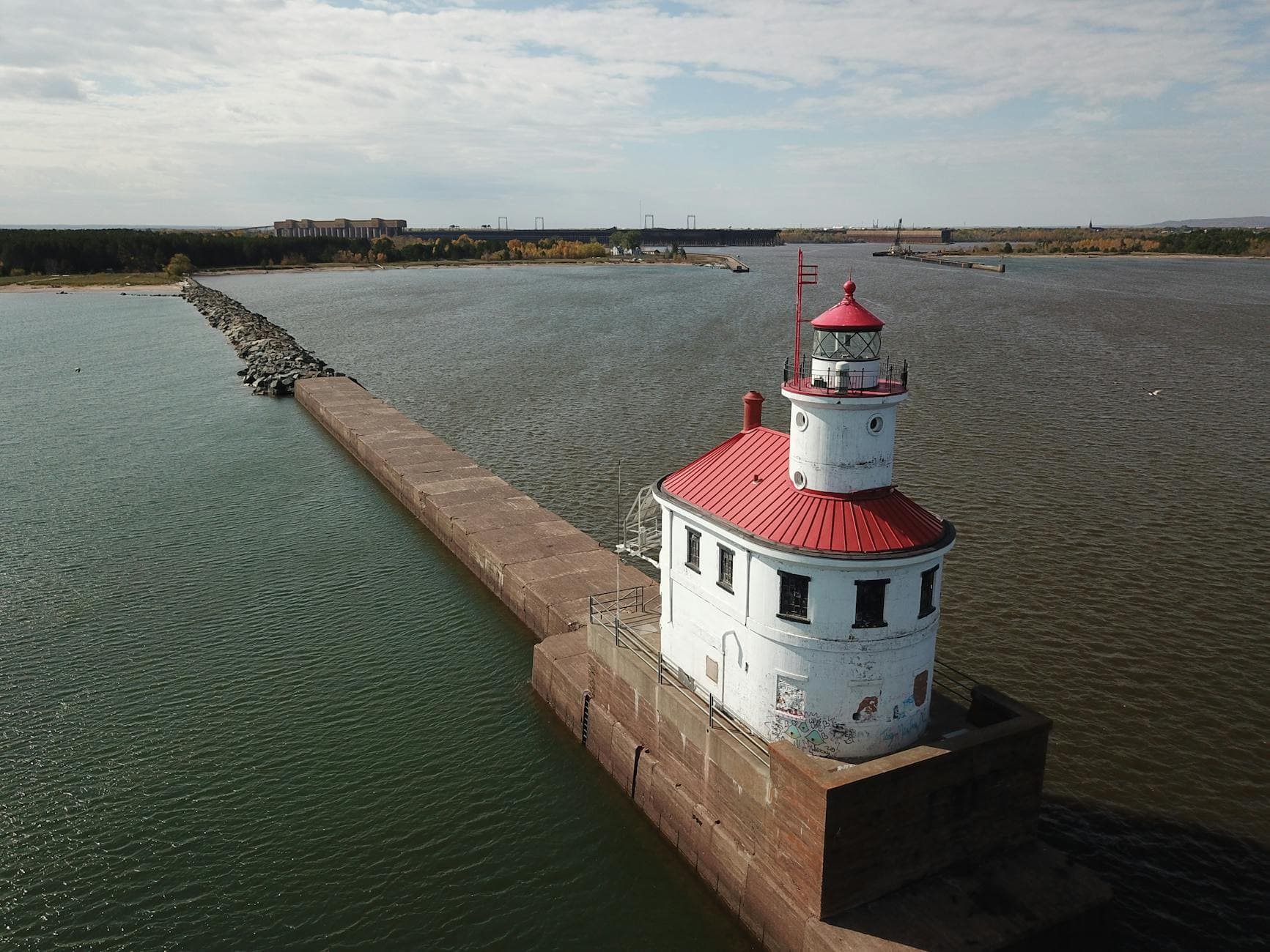 Drone shot of Wisconsin Point Lighthouse on Lake Superior in Superior, Wisconsin.