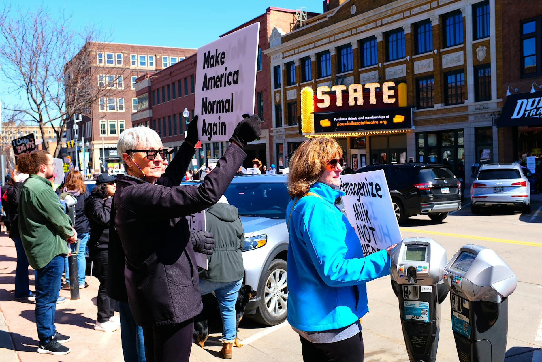 People protesting outside a small town theater with signs about social issues.