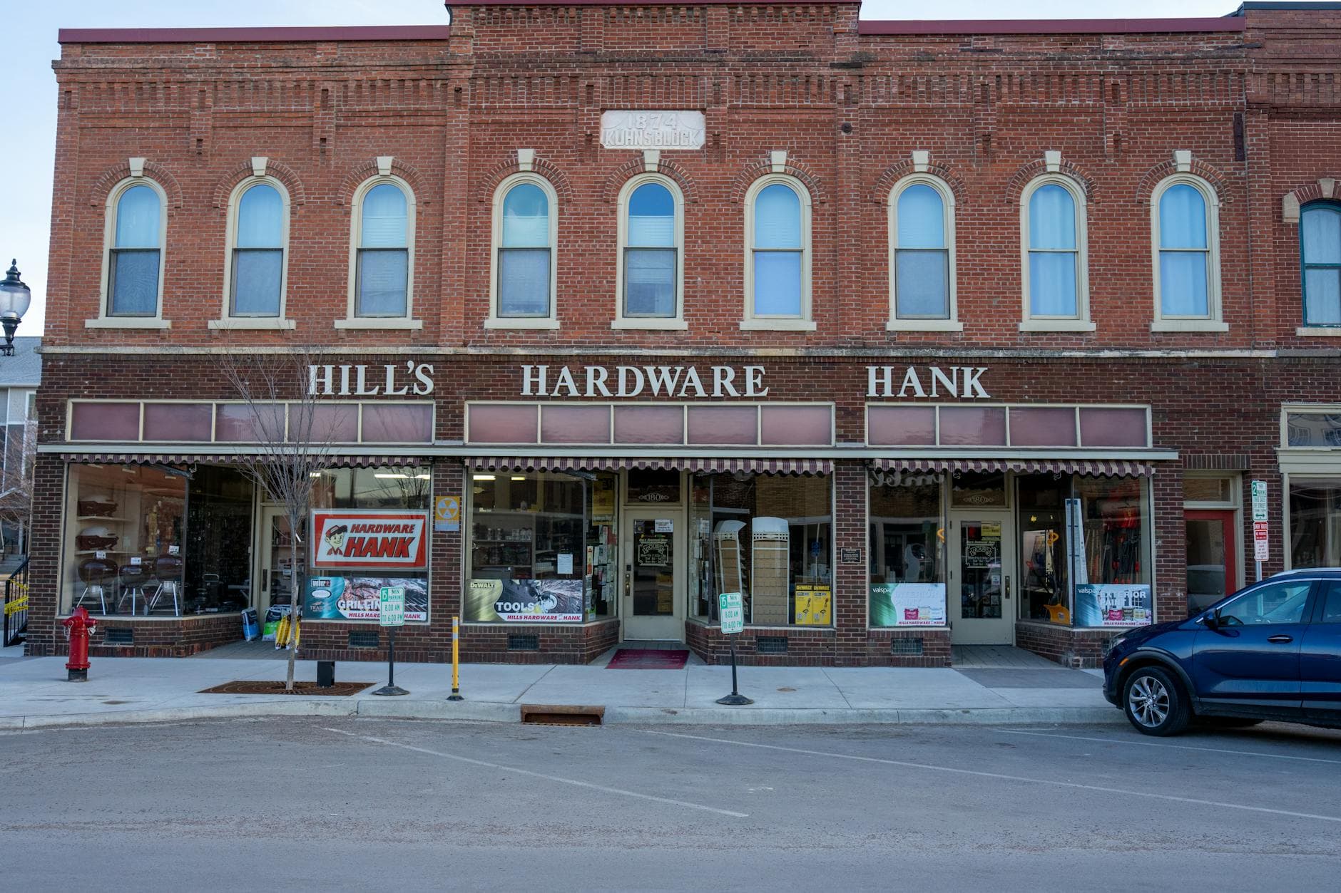 Charming brick facade of Hill's Hardware Hank in Wabasha, Minnesota.