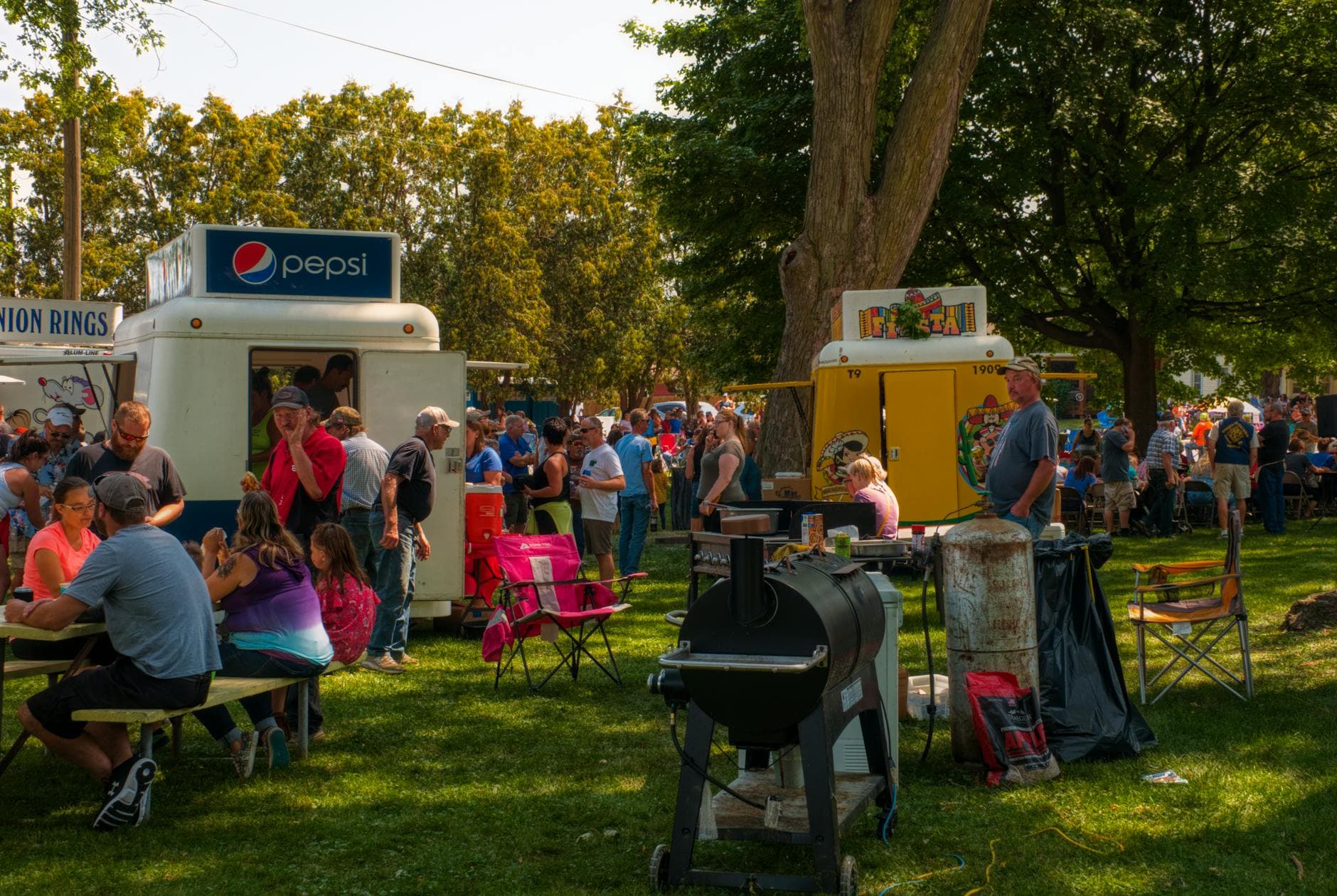 Crowded outdoor food festival in Plainview Park with diverse attendees enjoying food stalls under lush trees.
