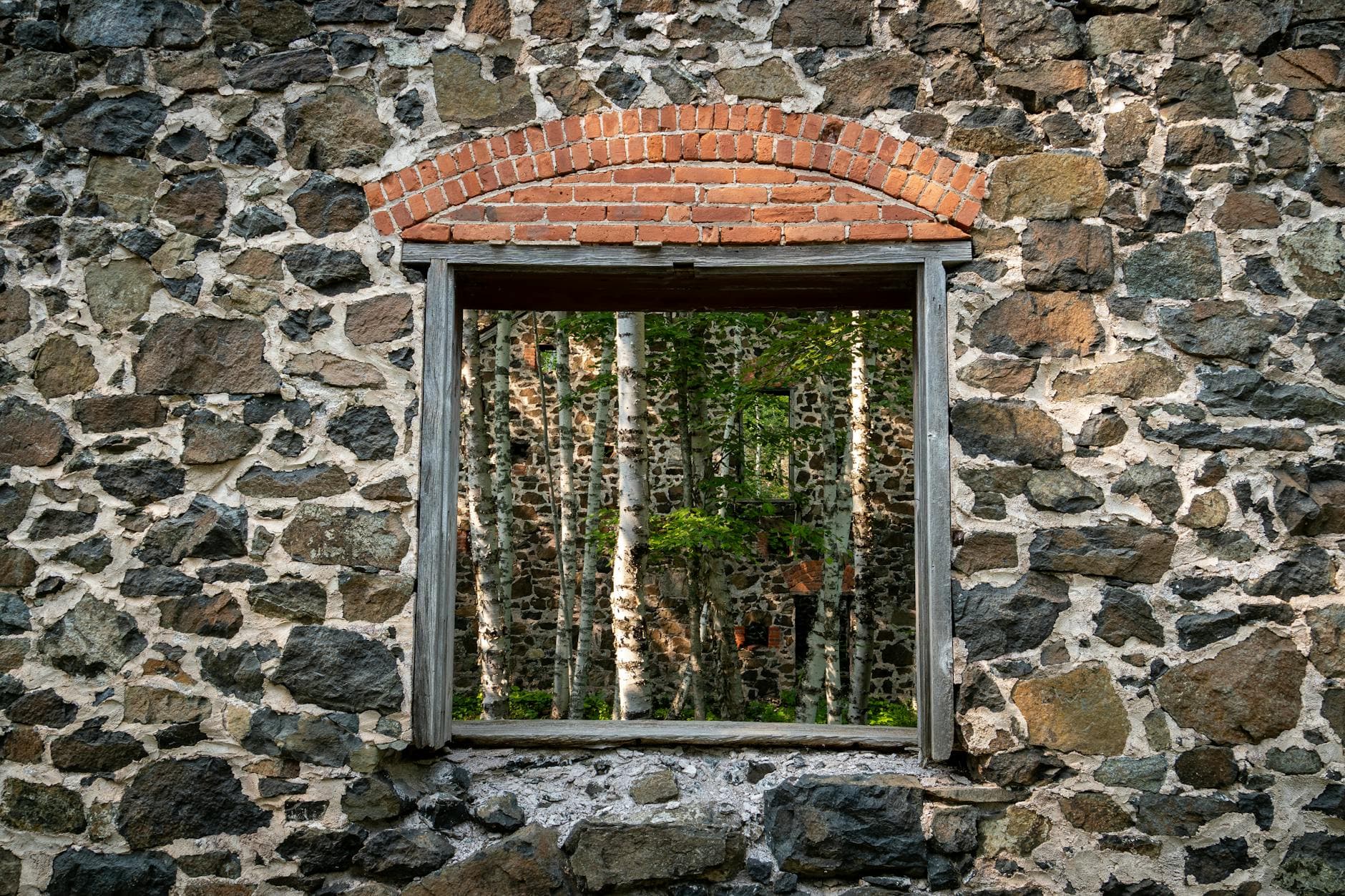 A window frame in a stone wall reveals a view of birch trees growing inside an old mining ruin in Michigan.
