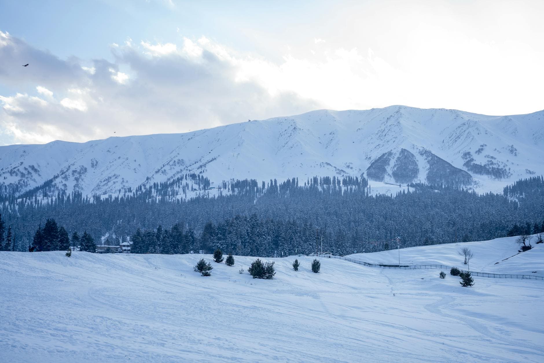 Captivating winter landscape of snow-covered mountains in Gulmarg, Kashmir.