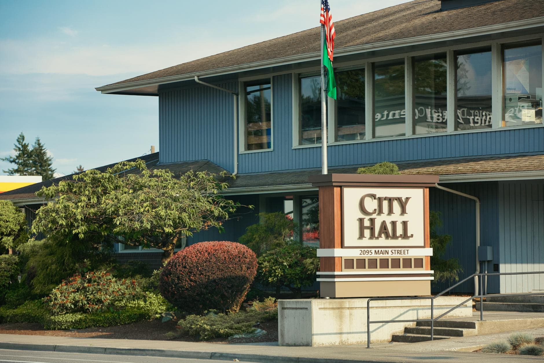 View of Ferndale City Hall on Main Street, showcasing its architectural design and surrounding landscape.
