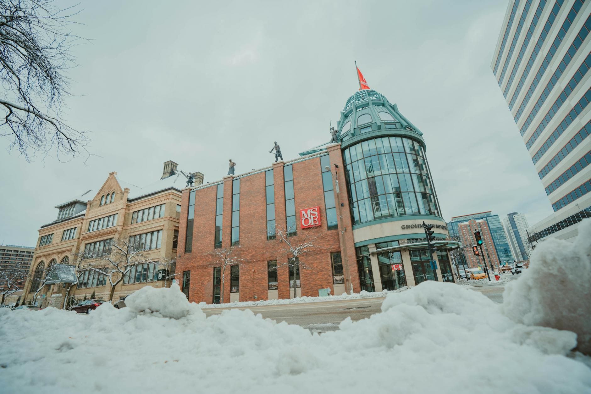 Snow-covered view of Milwaukee School of Engineering buildings in winter.