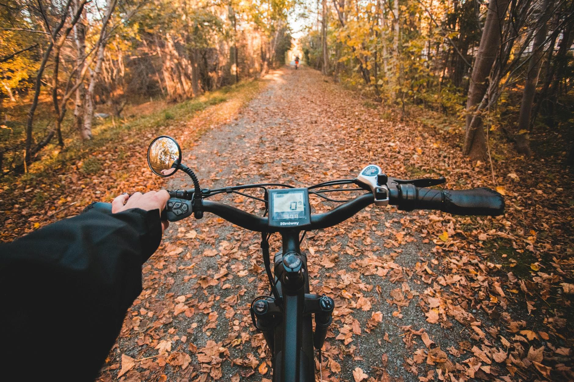 View of a person riding a motorcycle on a leafy forest path during autumn.