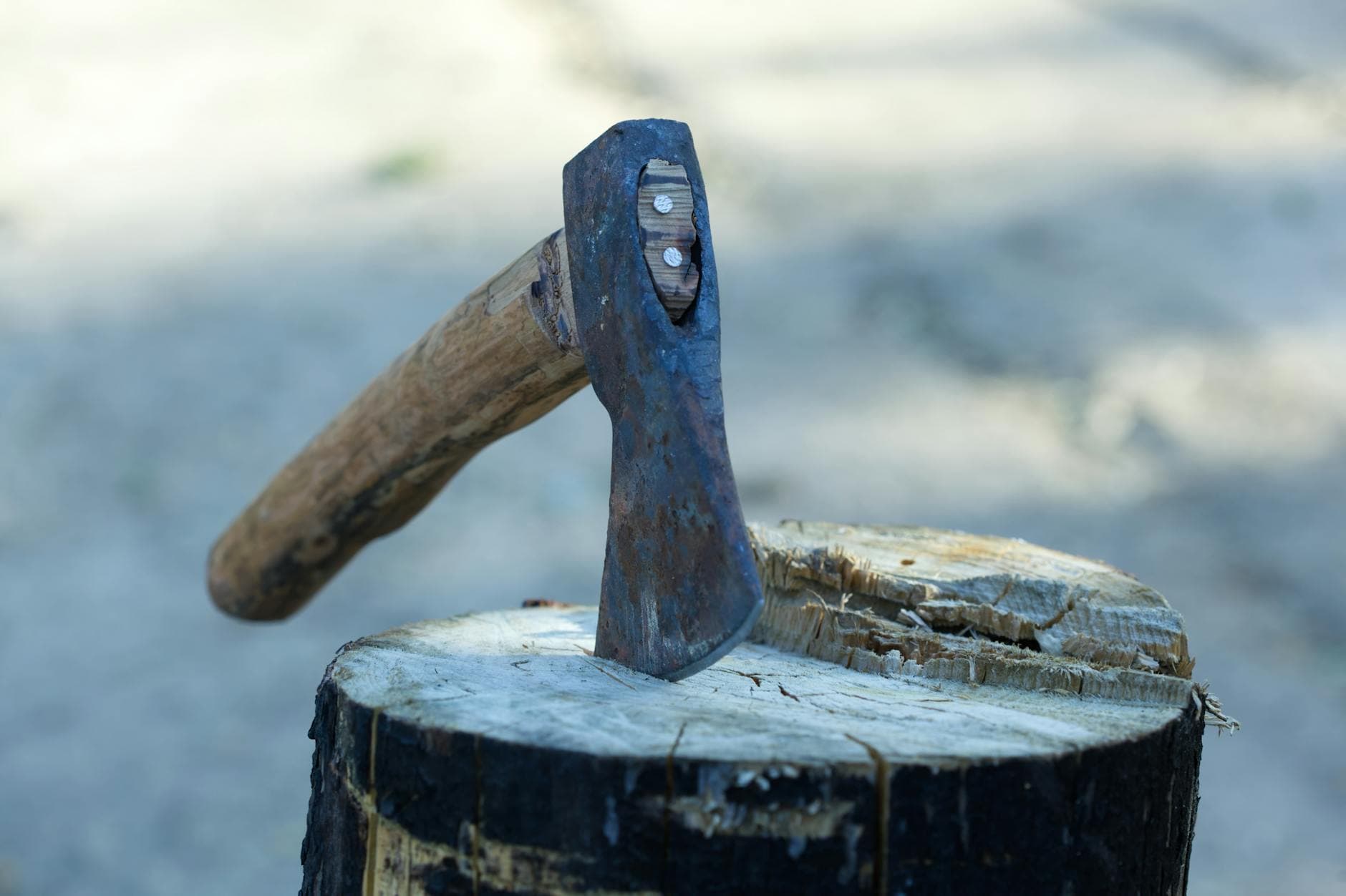 Close-up of a rusty axe head embedded in a chopped wooden log outdoors.