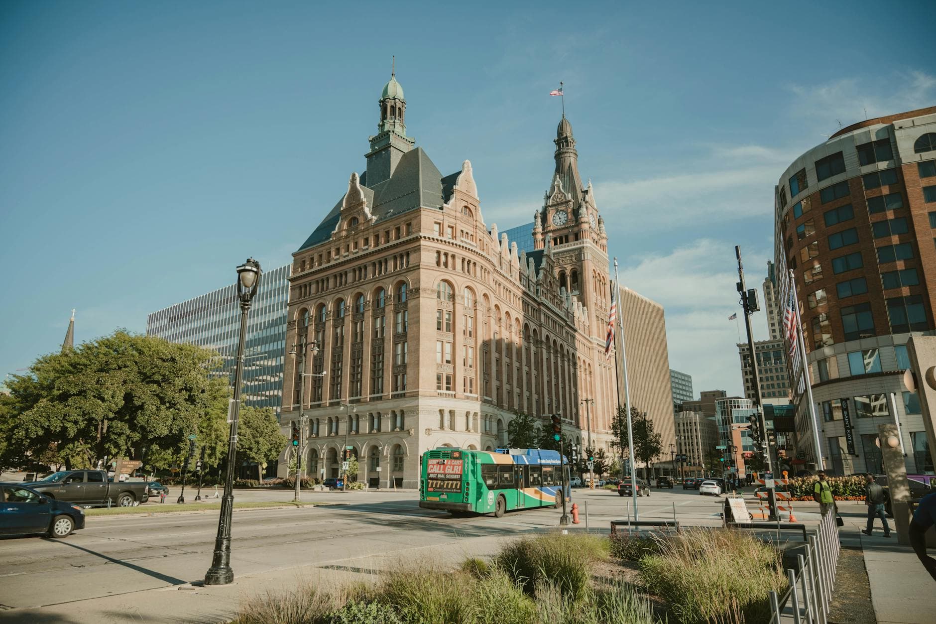 Milwaukee City Hall's iconic architecture shines under a clear blue sky in Wisconsin.