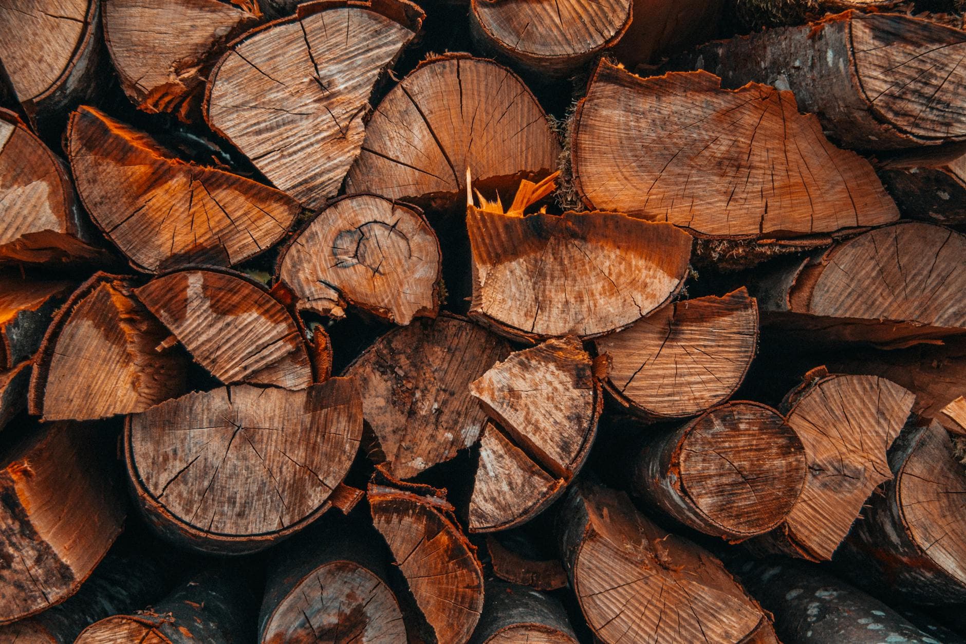Close-up view of a stack of split firewood logs with rich textures and warm tones, perfect for backgrounds.