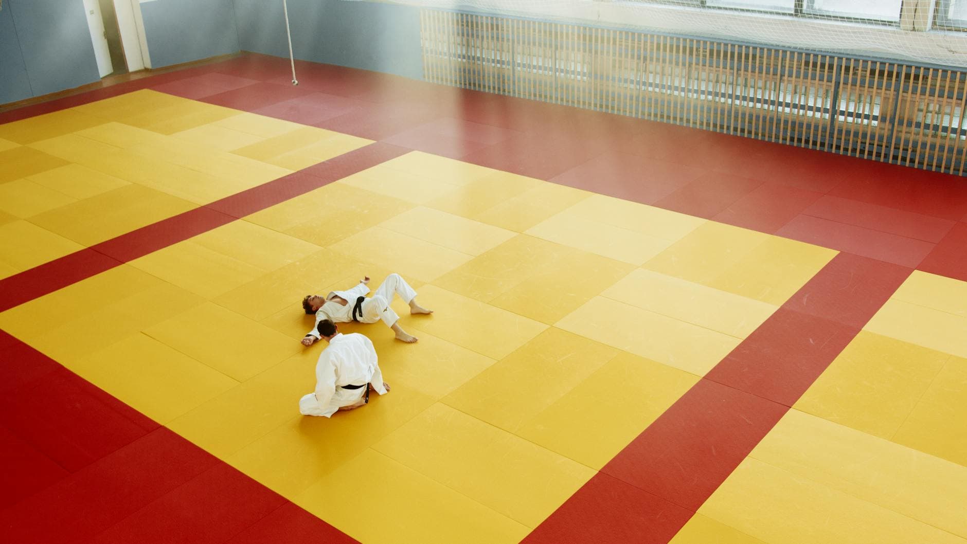 Aerial view of two martial artists sparring on colorful dojo mat indoors.