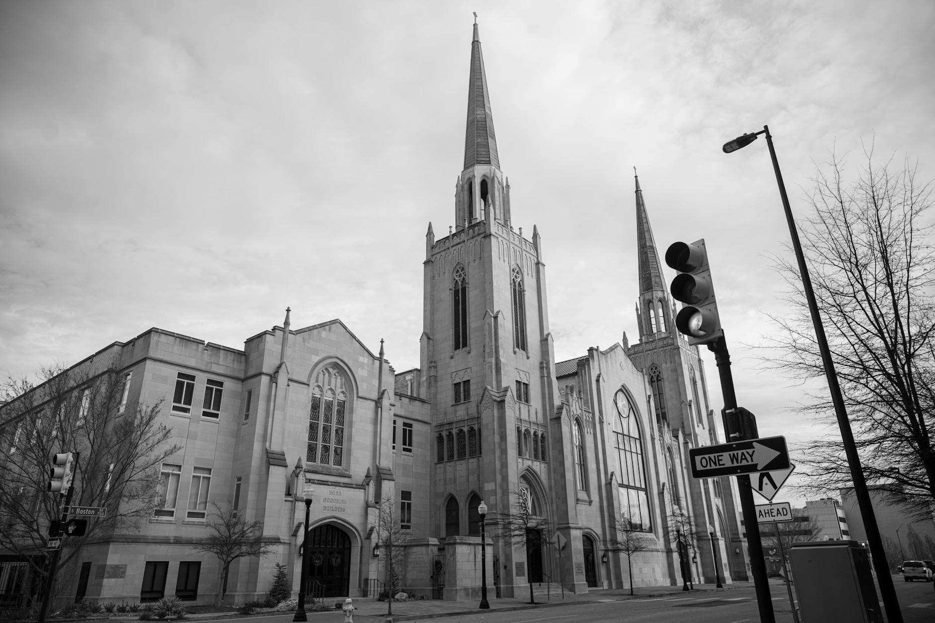 Black and white photo of First Presbyterian Church, a historic landmark in Tulsa, Oklahoma.